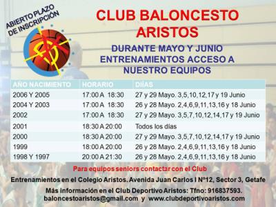 Horarios de las pruebas al Club Baloncesto Aristos 2014