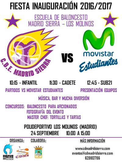 Cartel de la fiesta de inauguración de la Escuela de Baloncesto del Madrid Sierra